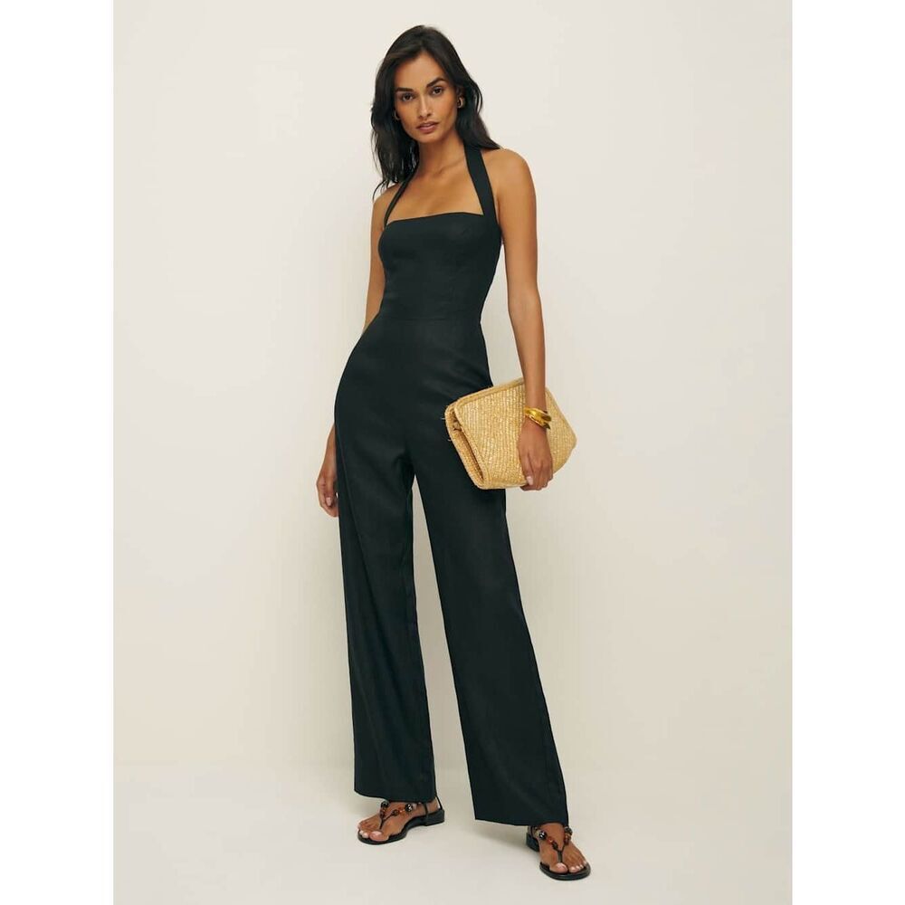 Reformation Malika Linen Black Halter Wide-Leg Jumpsuit with Square Neck Size 10